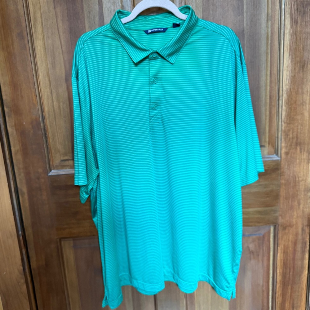 Cutter & Buck Mens 3XL Green White Striped Short Sleeve Golf Polo Shirt EUC